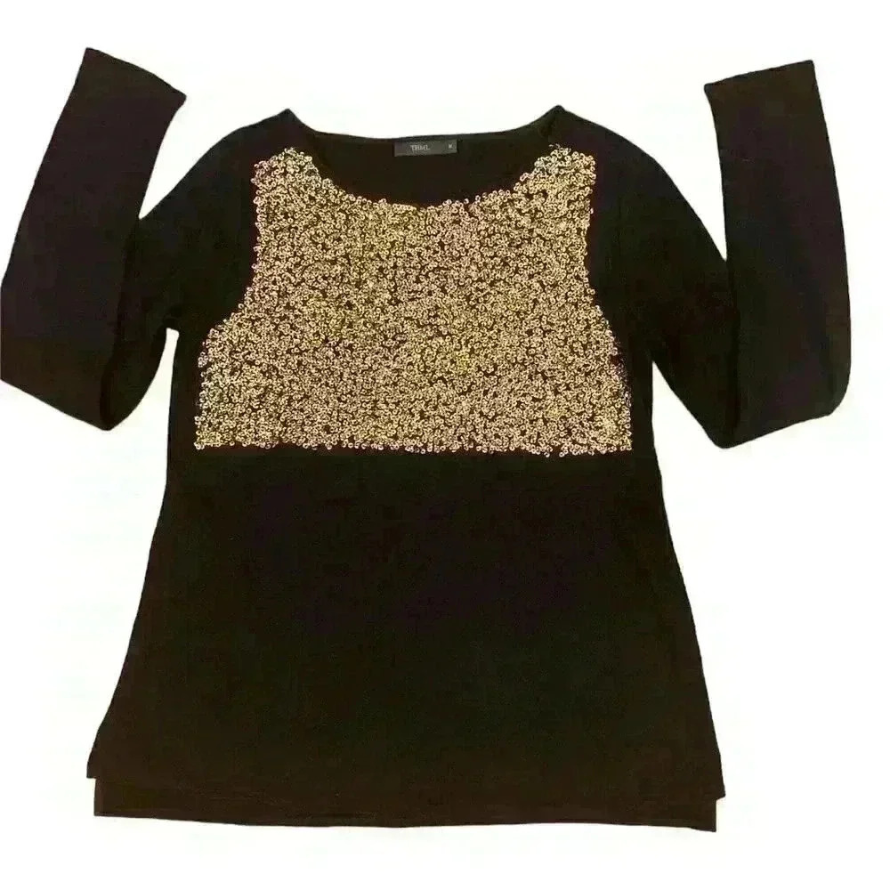 THML gold sequin pullover black sweater size Medium Exc Con